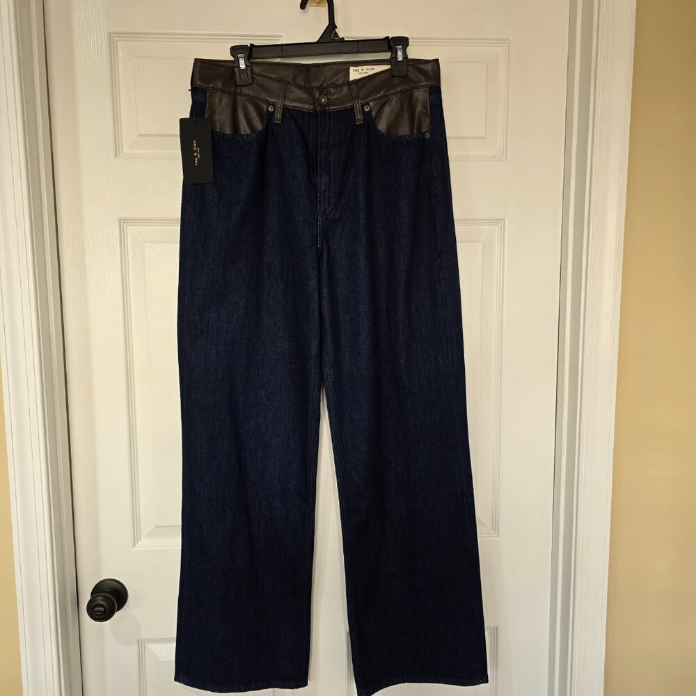 Rag & Bone Lori Mid-Rise Wide Leg Jeans Dark Rinse Faux Leather Trim Size 29 NWT - Picture 2 of 9